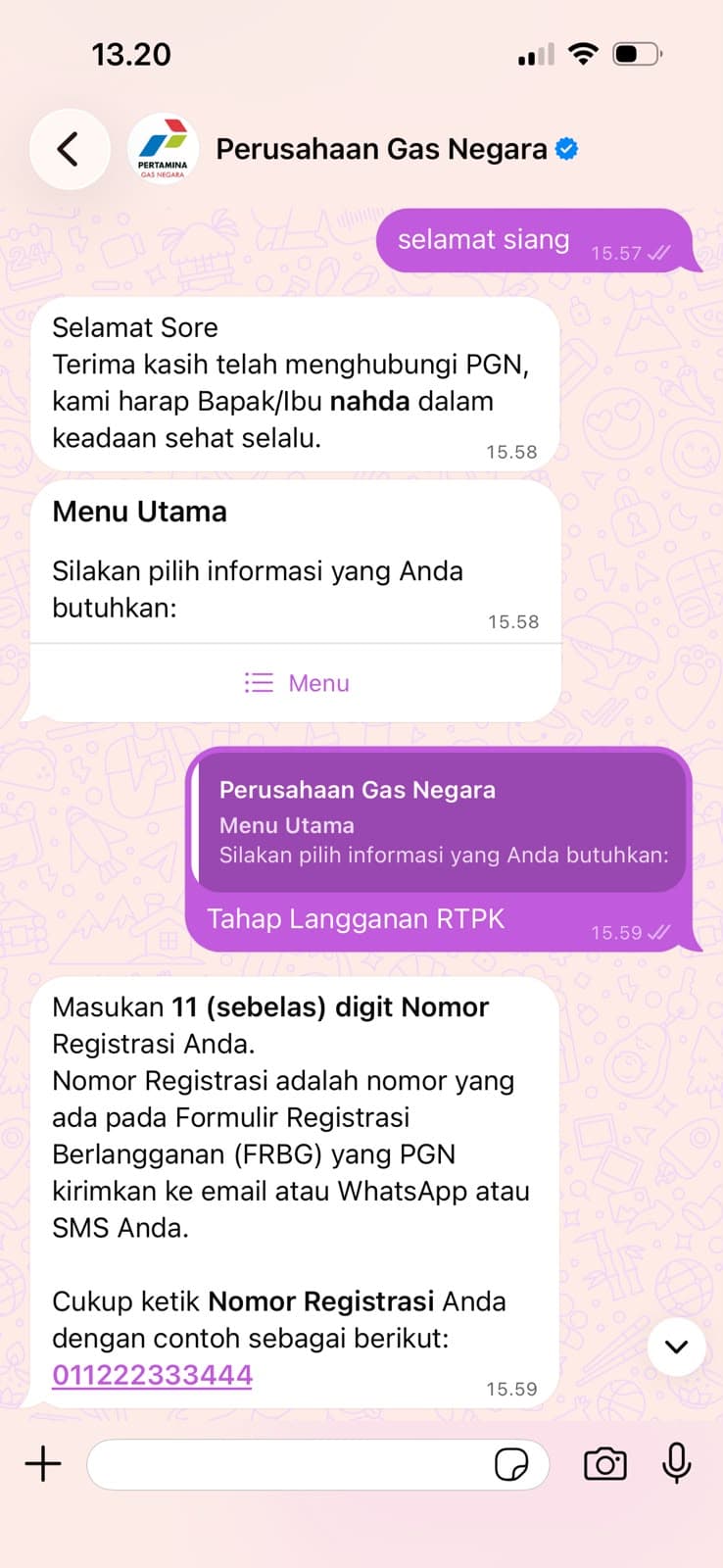 Perusahaan Gas Negara conversational journey on a mobile screen