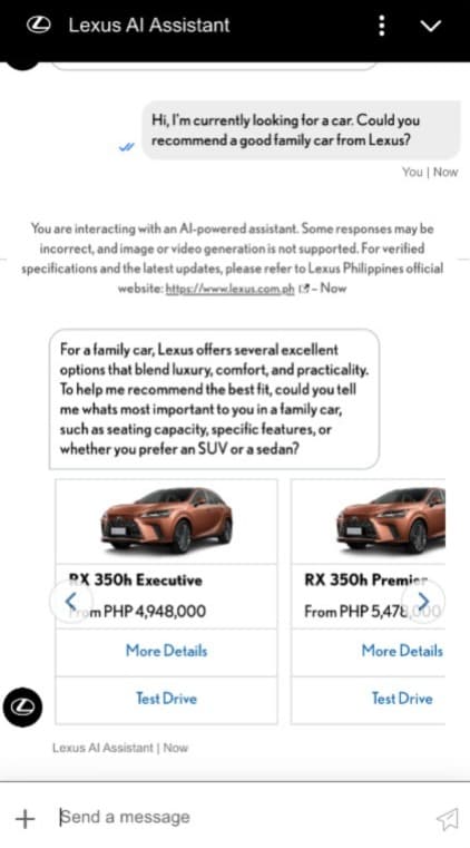 Lexus Asia Pacific conversational journey on a mobile screen